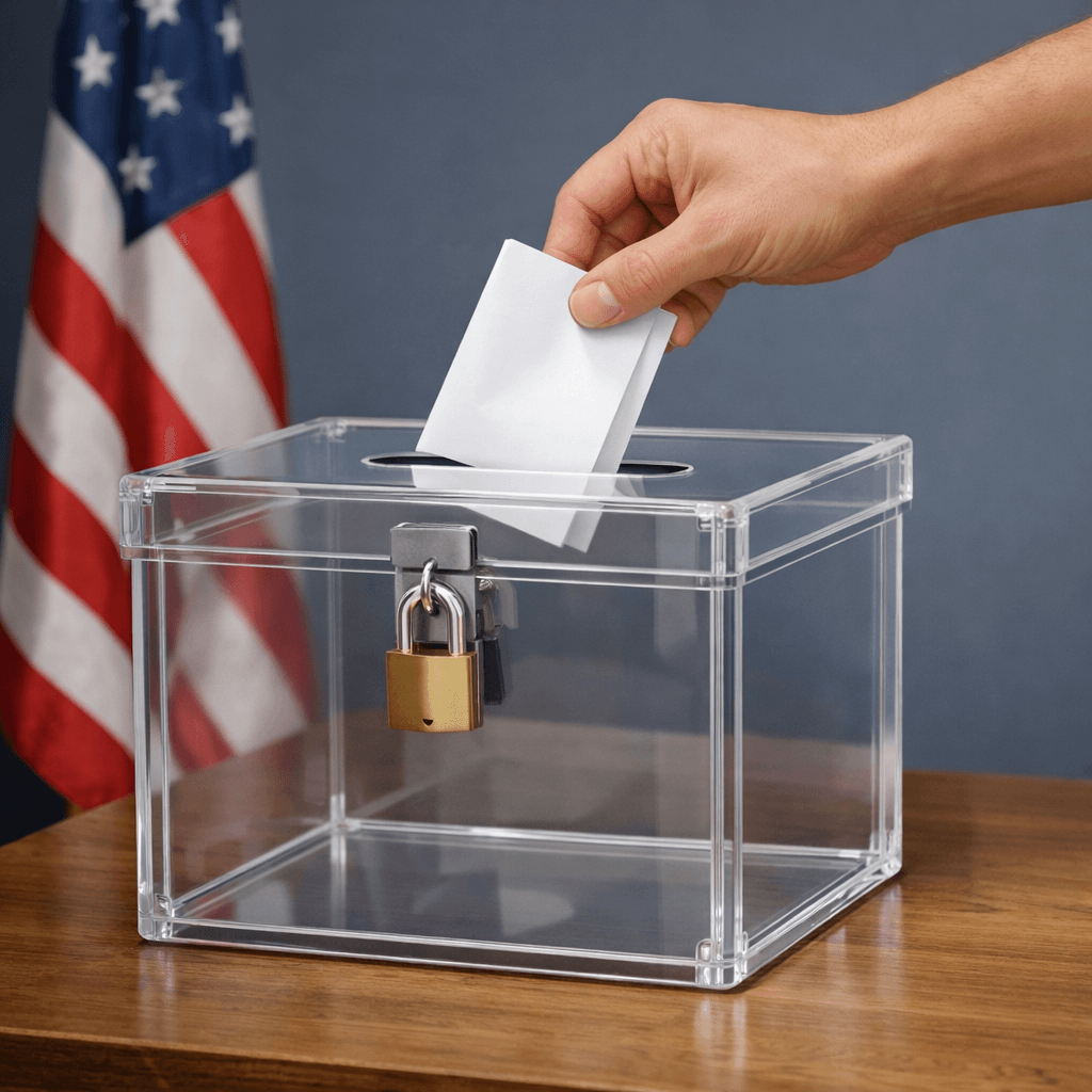 Hand placing a ballot into a locked transparent ballot box, American flag in the background