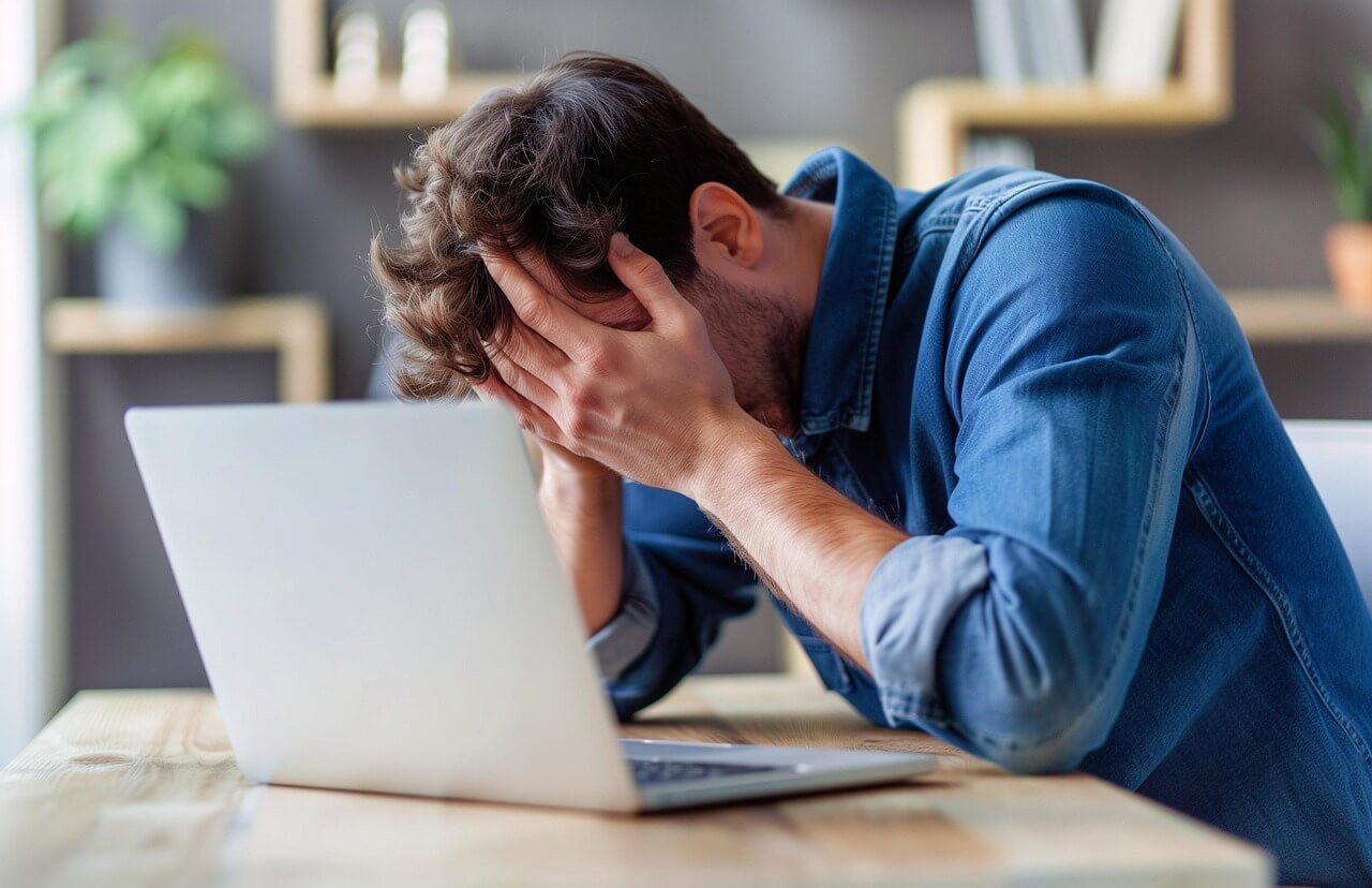 Frustrated man in front of a laptop